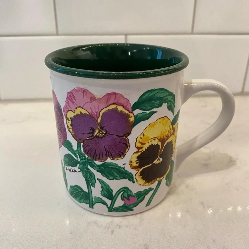 Vintage Rare Potpourri Designs Floral Pansies Coffee Mug 1991, 3.5